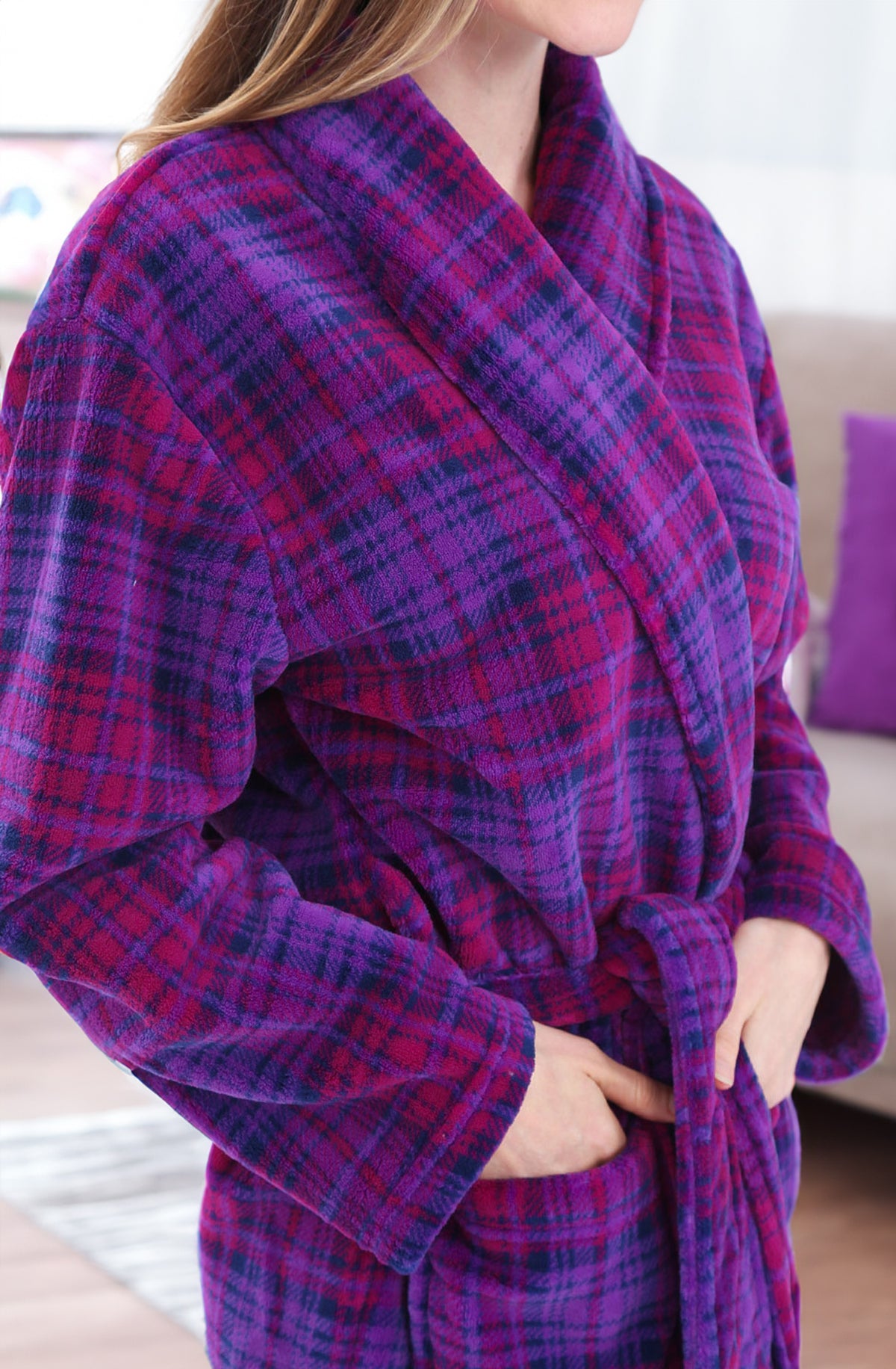 Purple Plaid Plush Striped Robe for Women, Long Fleece Plaid Winter Bath Robe, Plus Size