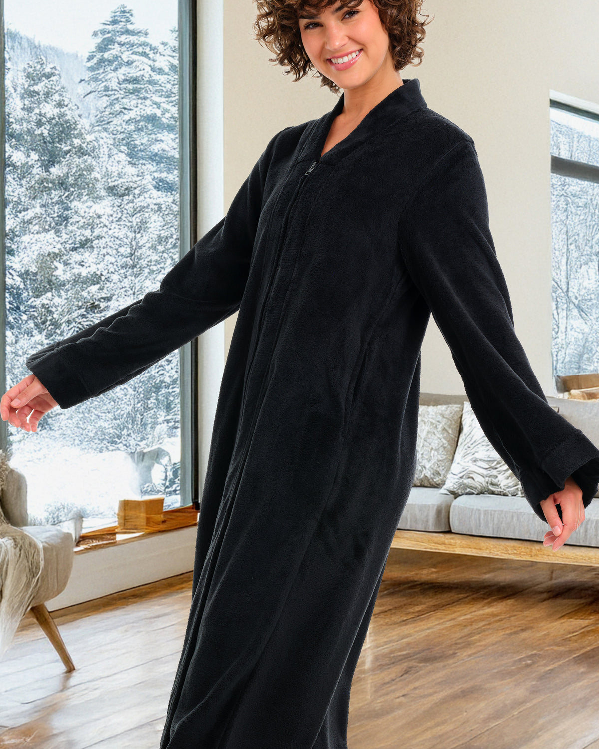 Womens Black Zip Up Kimono Robe, Japanese Robe for Women