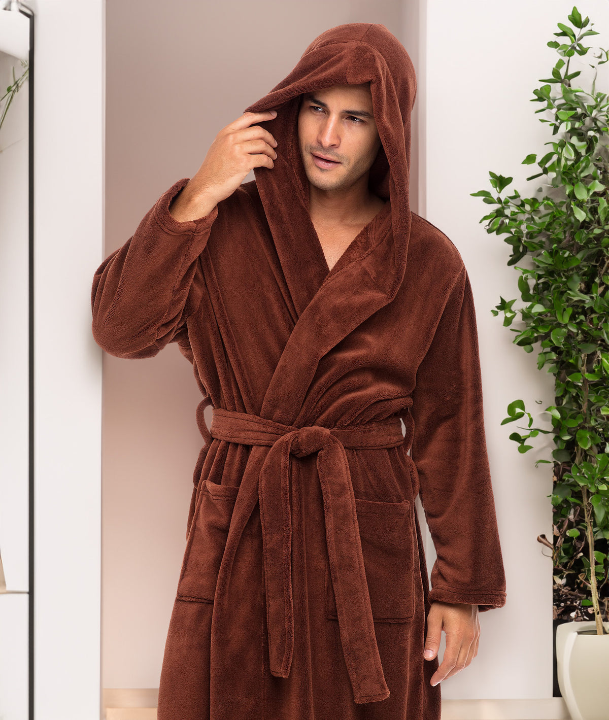 Men's Chocolate Plush Fleece Hooded Bathrobe, Full Length Long Warm Lounge Robe with Hood