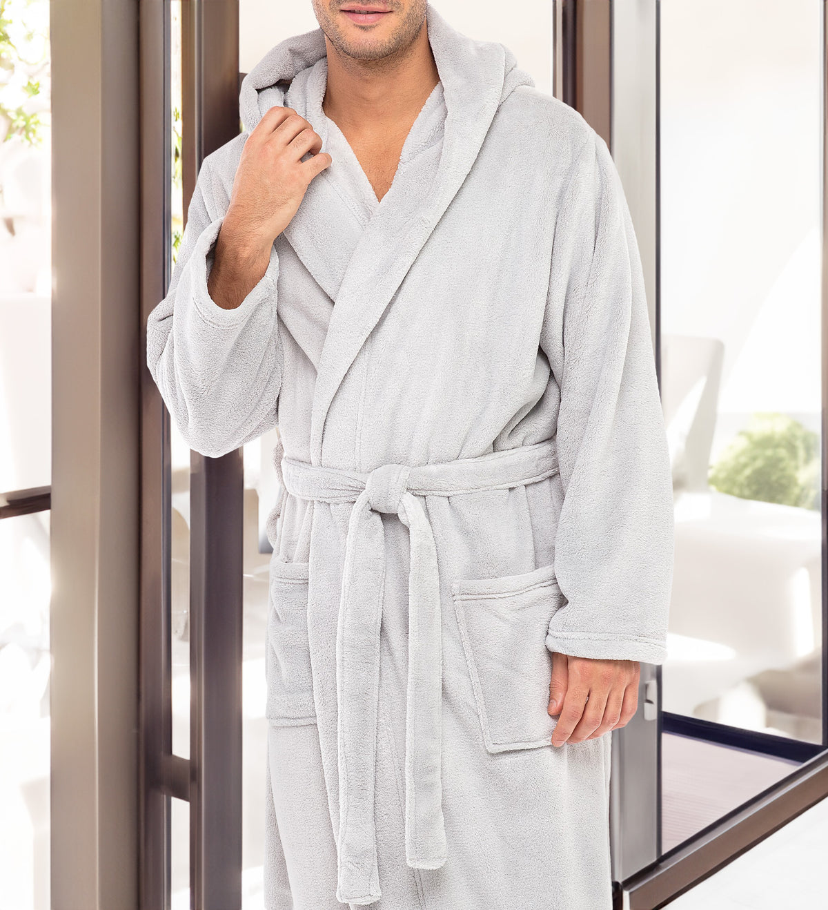 Men's Light Gray Plush Fleece Hooded Bathrobe, Full Length Long Warm Lounge Robe with Hood