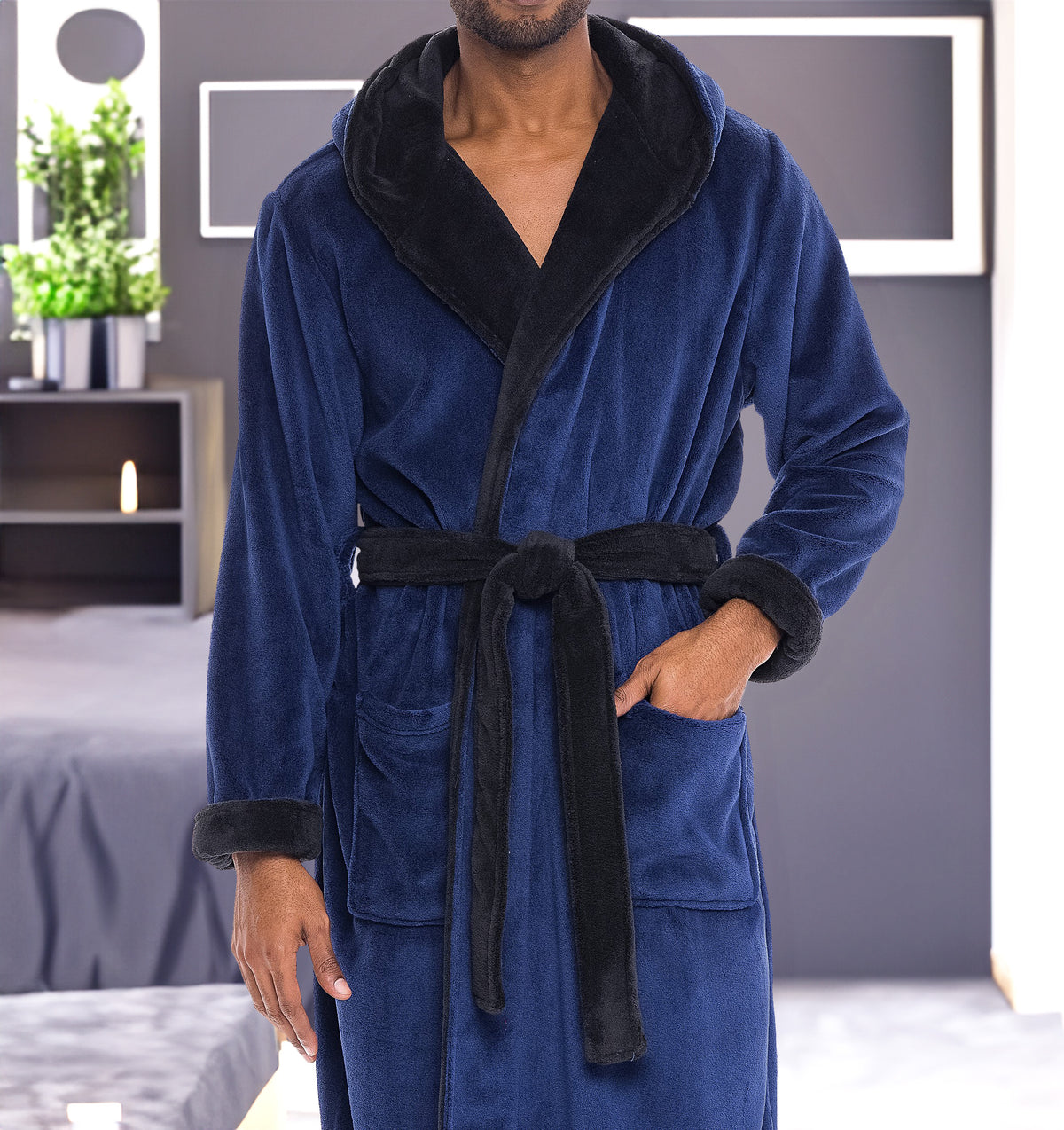 Men's Navy Blue with Black Plush Fleece Hooded Bathrobe, Full Length Long Warm Lounge Robe with Hood
