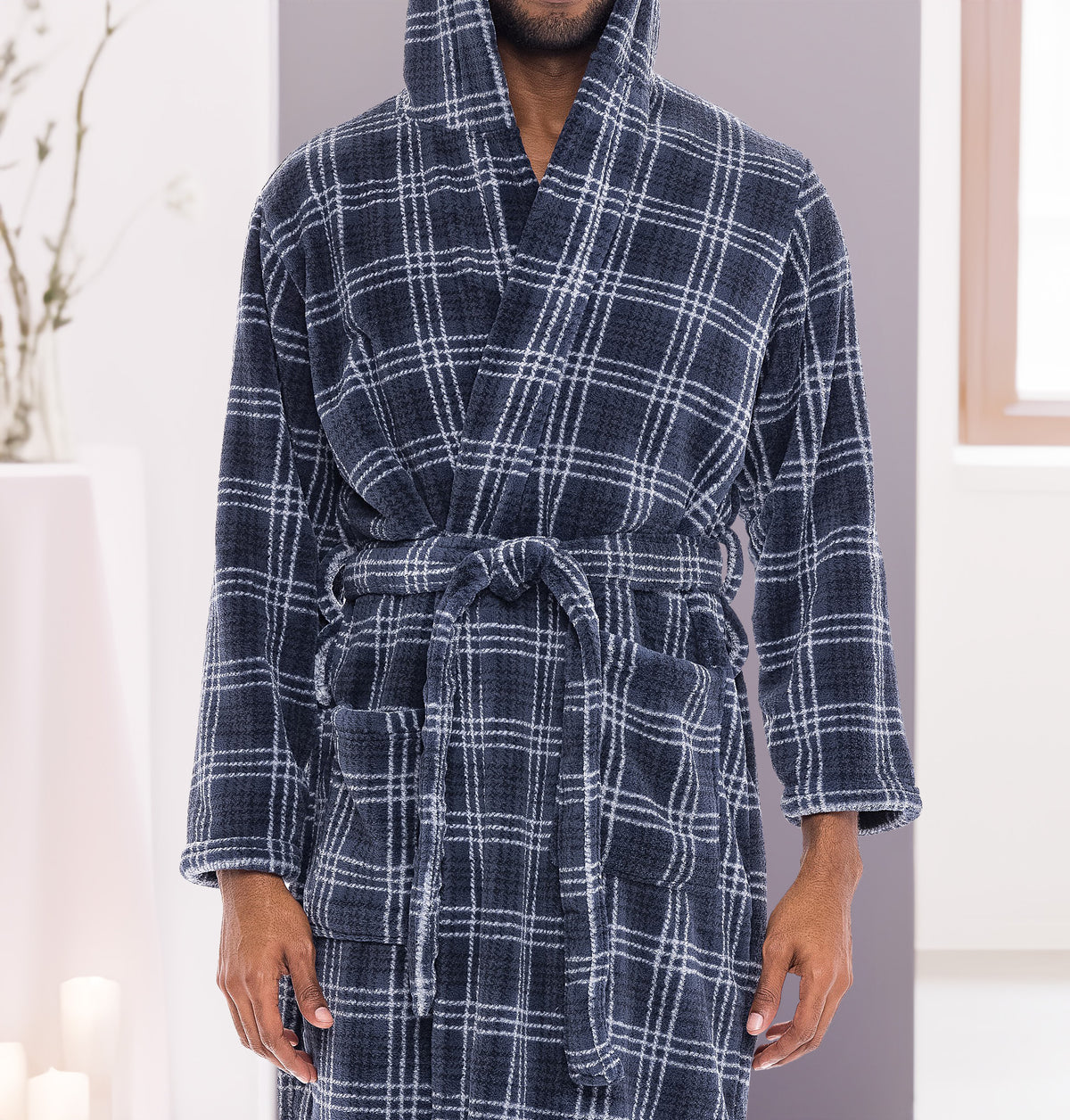 Men's Blue Gray Plaid Plush Fleece Hooded Bathrobe, Full Length Long Warm Lounge Robe with Hood