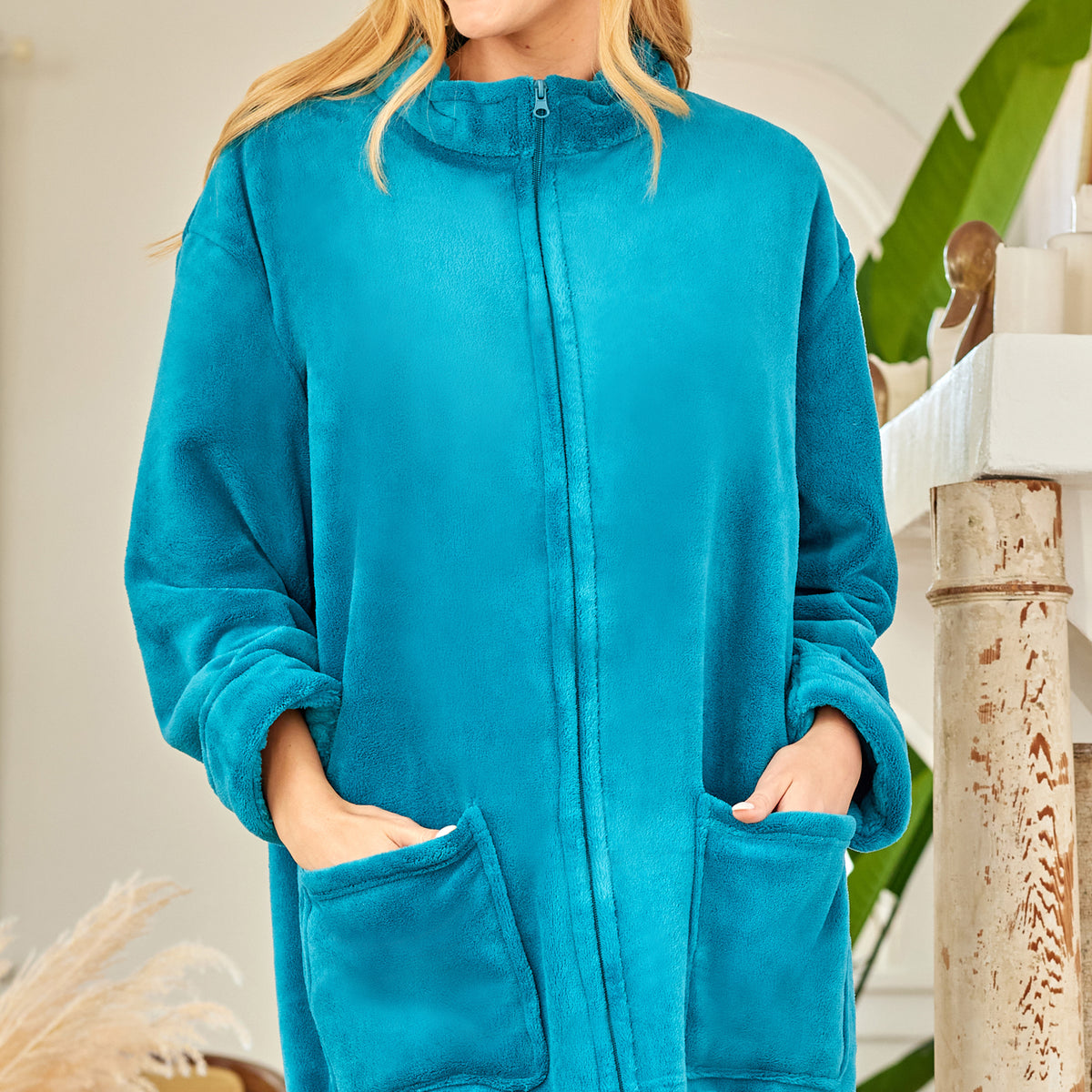 Women's Turquoise Zip Up Plush Robe, Oversized Bathrobe with Two Way Zipper