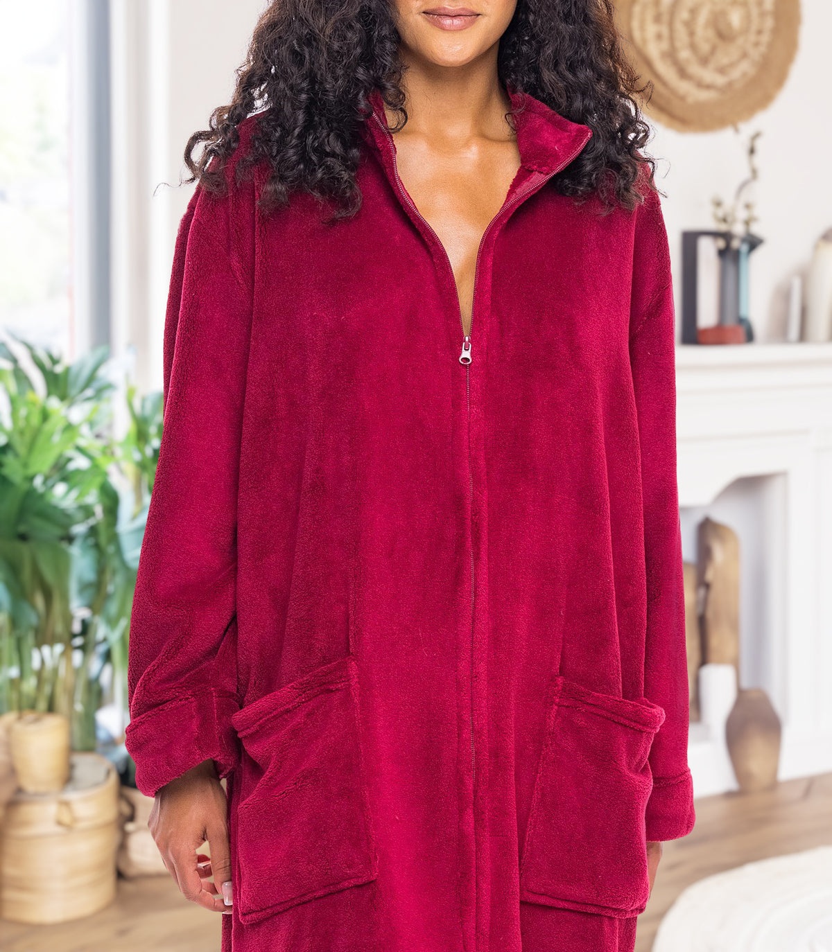 Women's Burgundy Zip Up Plush Robe, Oversized Bathrobe with Two Way Zipper