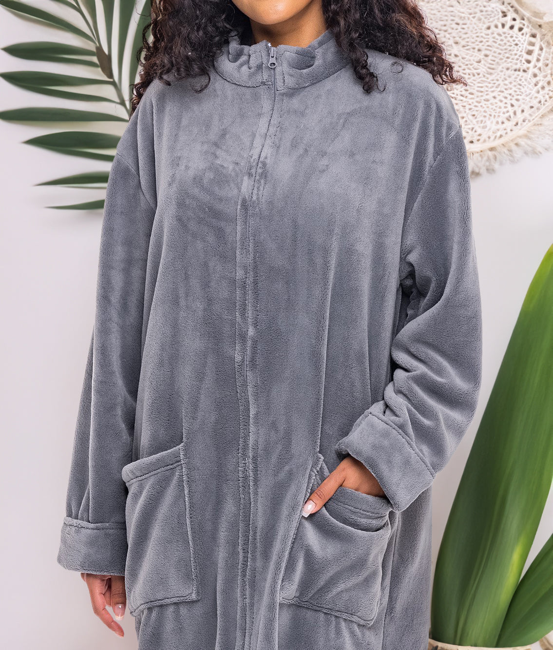 Women's Steel Gray with Cream Zip Up Plush Robe, Oversized Bathrobe with Two Way Zipper