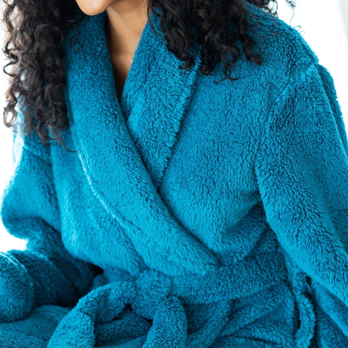 Women's Turquoise Plush Fleece Robe, Shaggy Feather Bathrobe