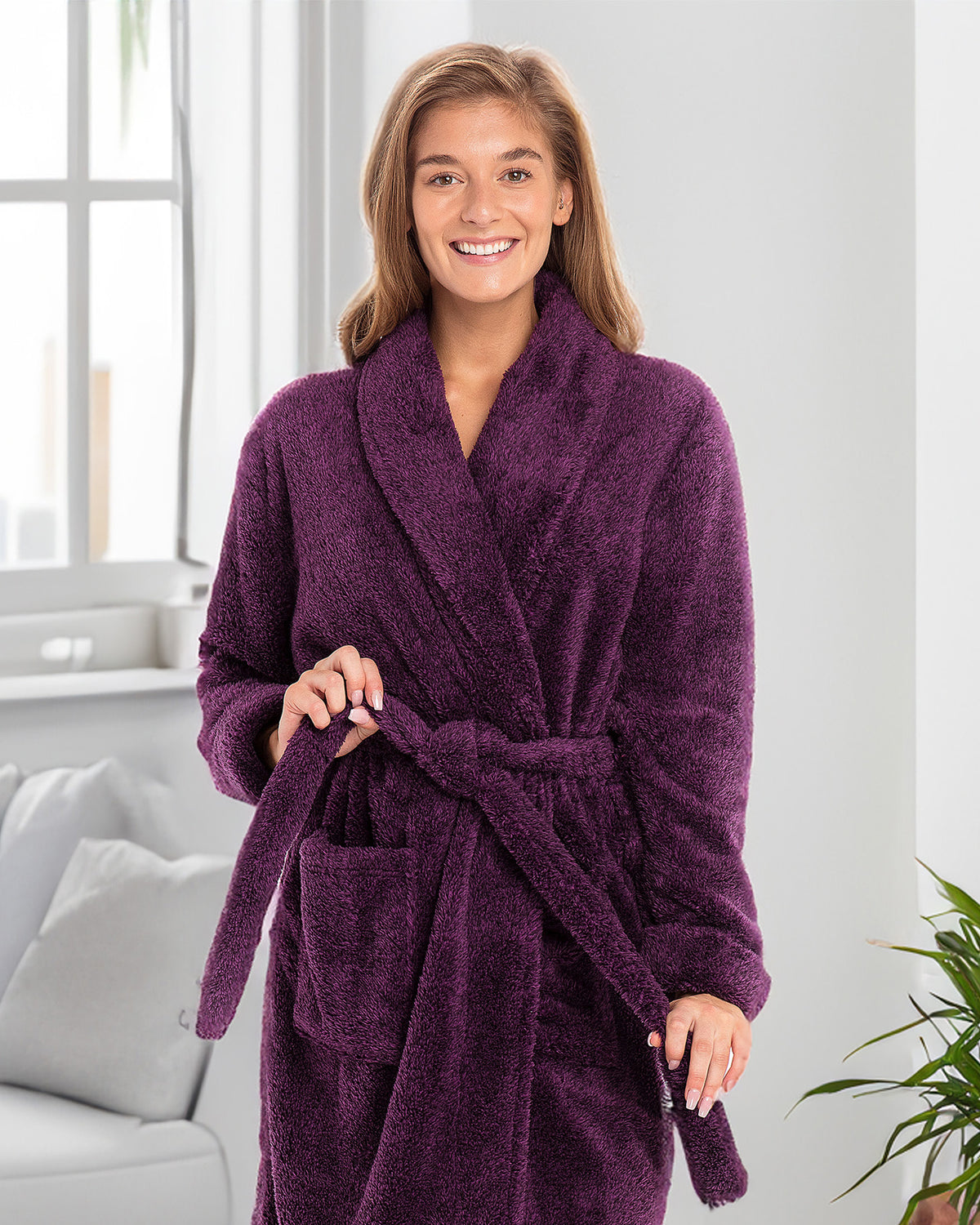 Women's Plum Purple Plush Fleece Robe, Shaggy Feather Bathrobe