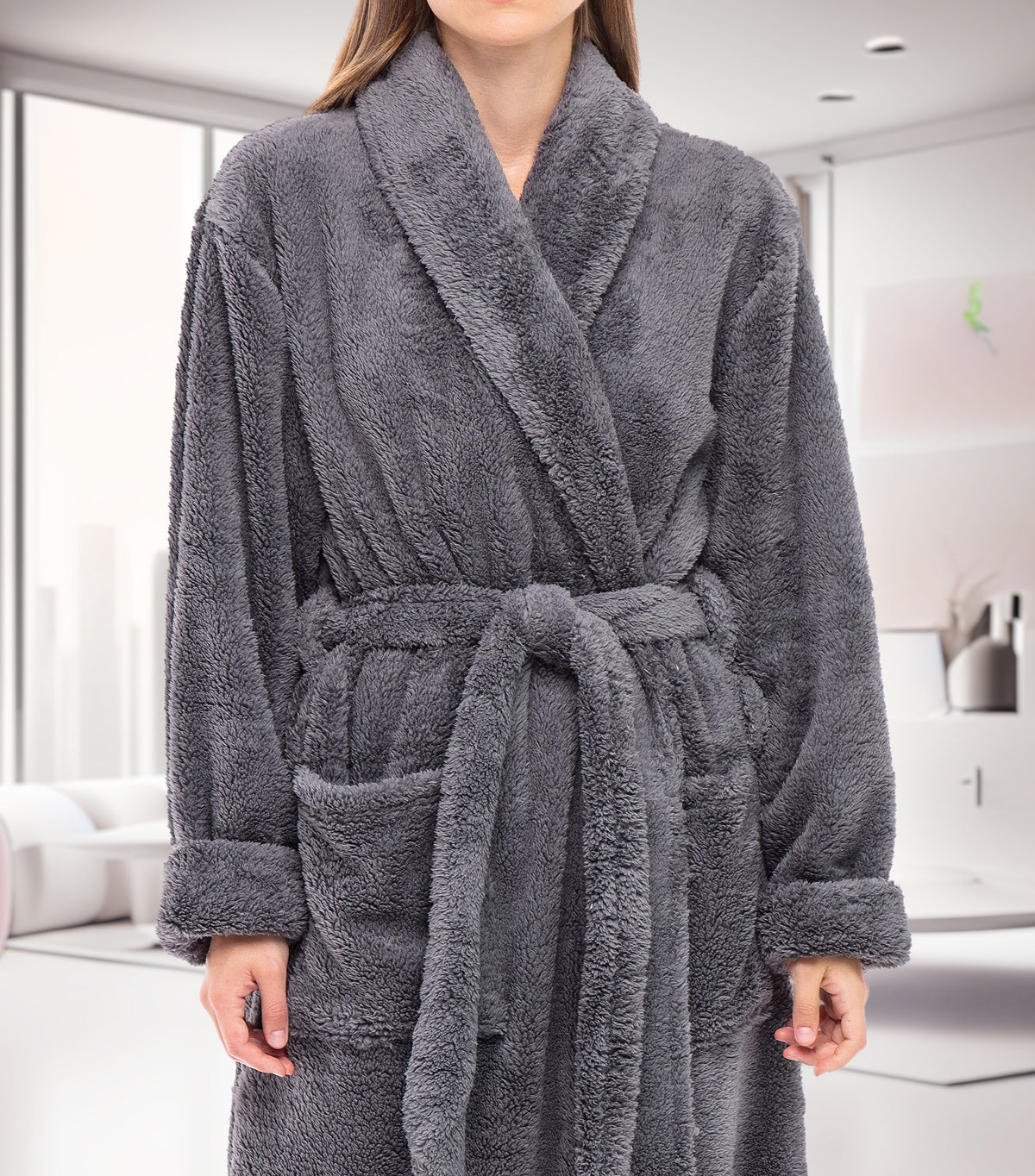 Women's Steel Gray Plush Fleece Robe, Shaggy Feather Bathrobe
