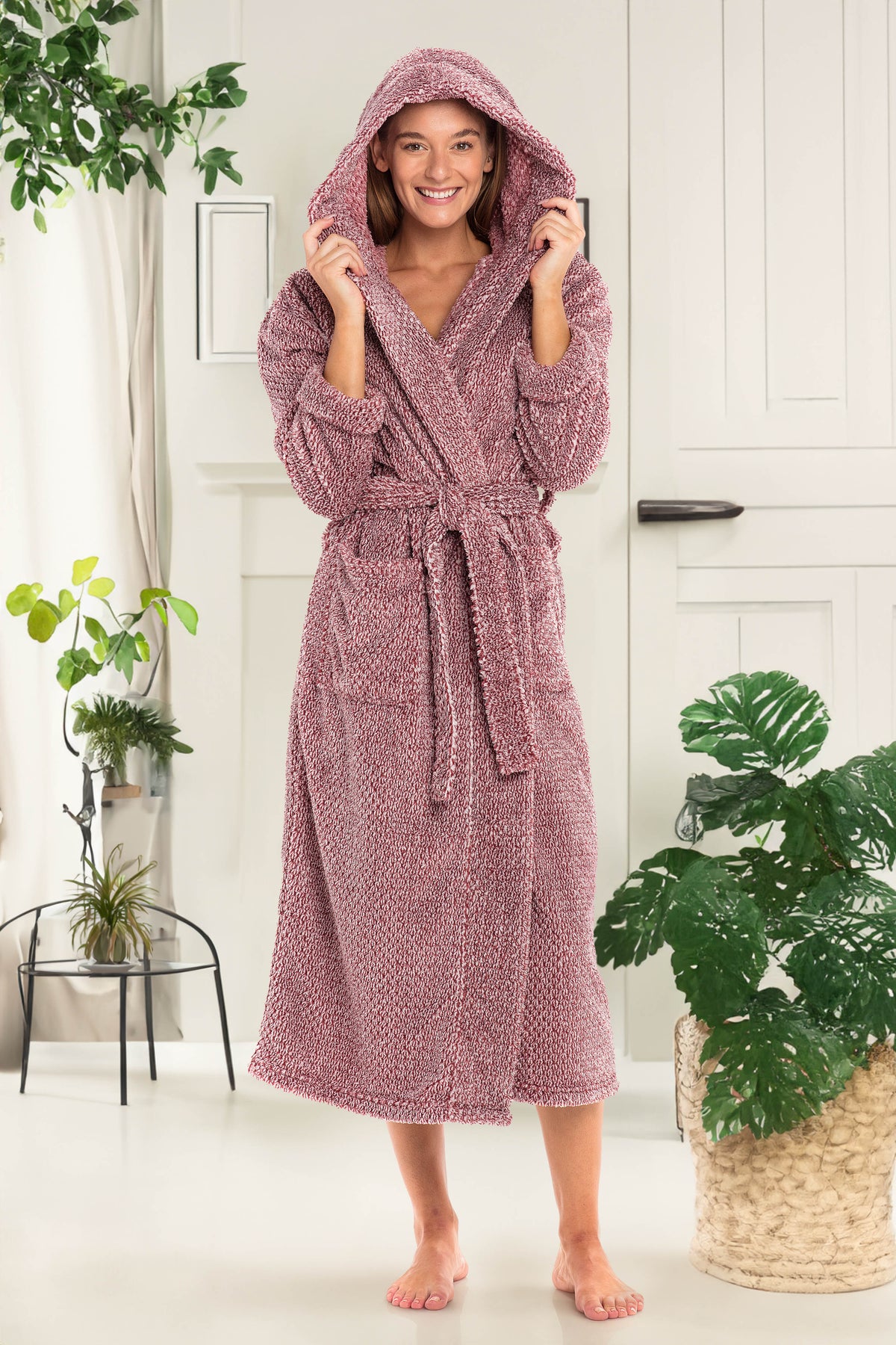 Women's Jacquard Burgundy Plush Fleece Hooded Robe, Shaggy Feather Long Bathrobe