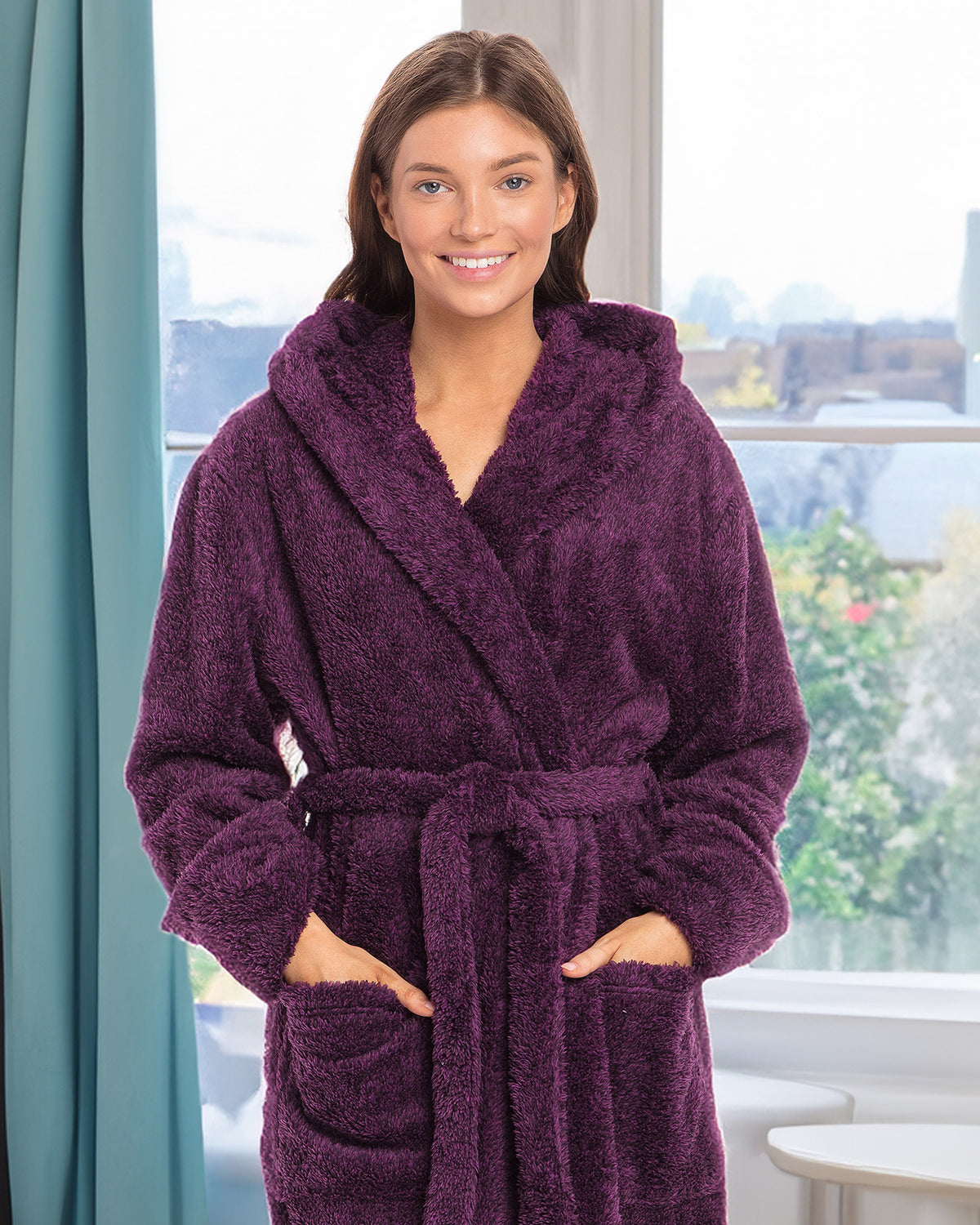 Women's Plum Purple Plush Fleece Hooded Robe, Shaggy Feather Long Bathrobe