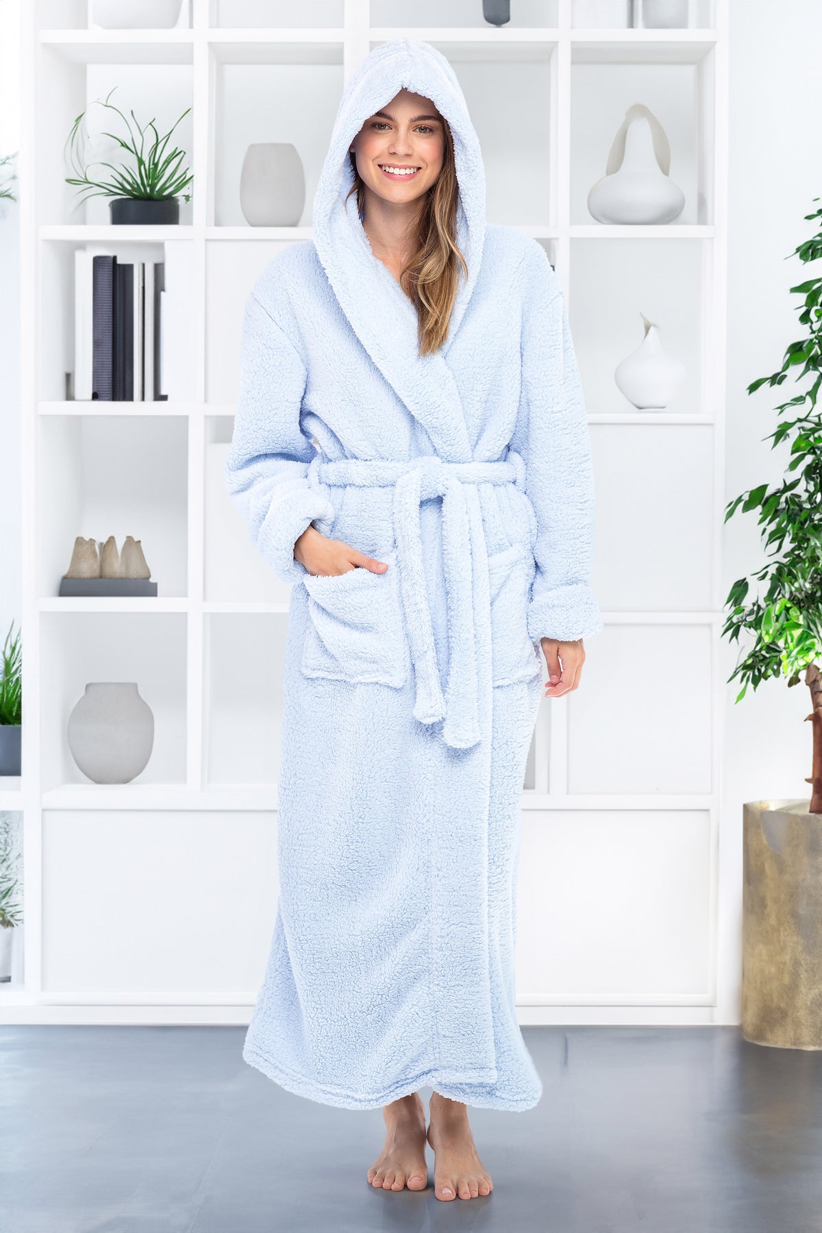 Women's Light Blue Plush Fleece Hooded Robe, Shaggy Feather Long Bathrobe