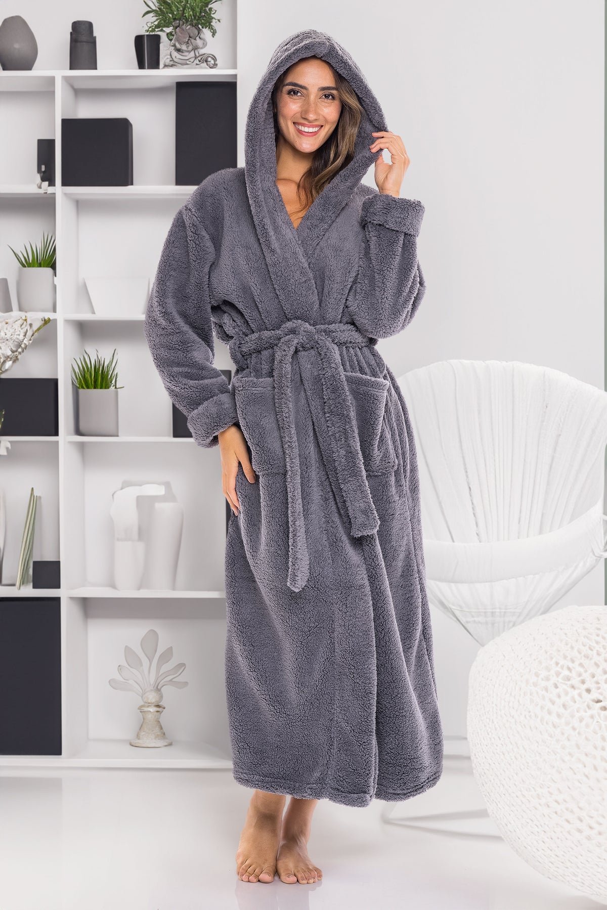 Women's Steel Gray Plush Fleece Hooded Robe, Shaggy Feather Long Bathrobe