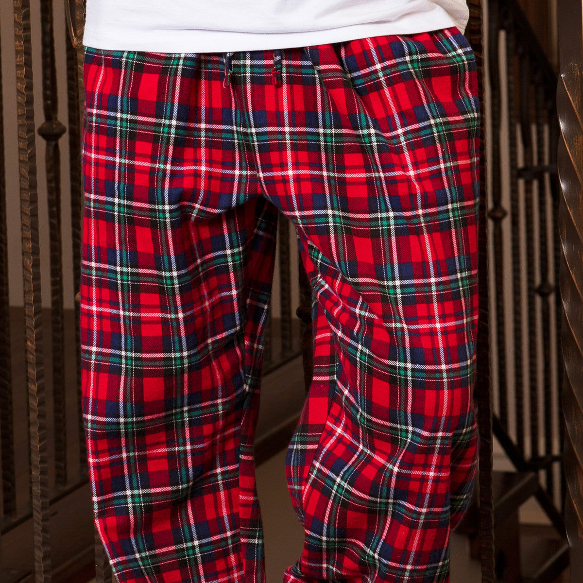 Men's Red Black Plaid Cotton Flannel Pajama Pants, Winter Joggers