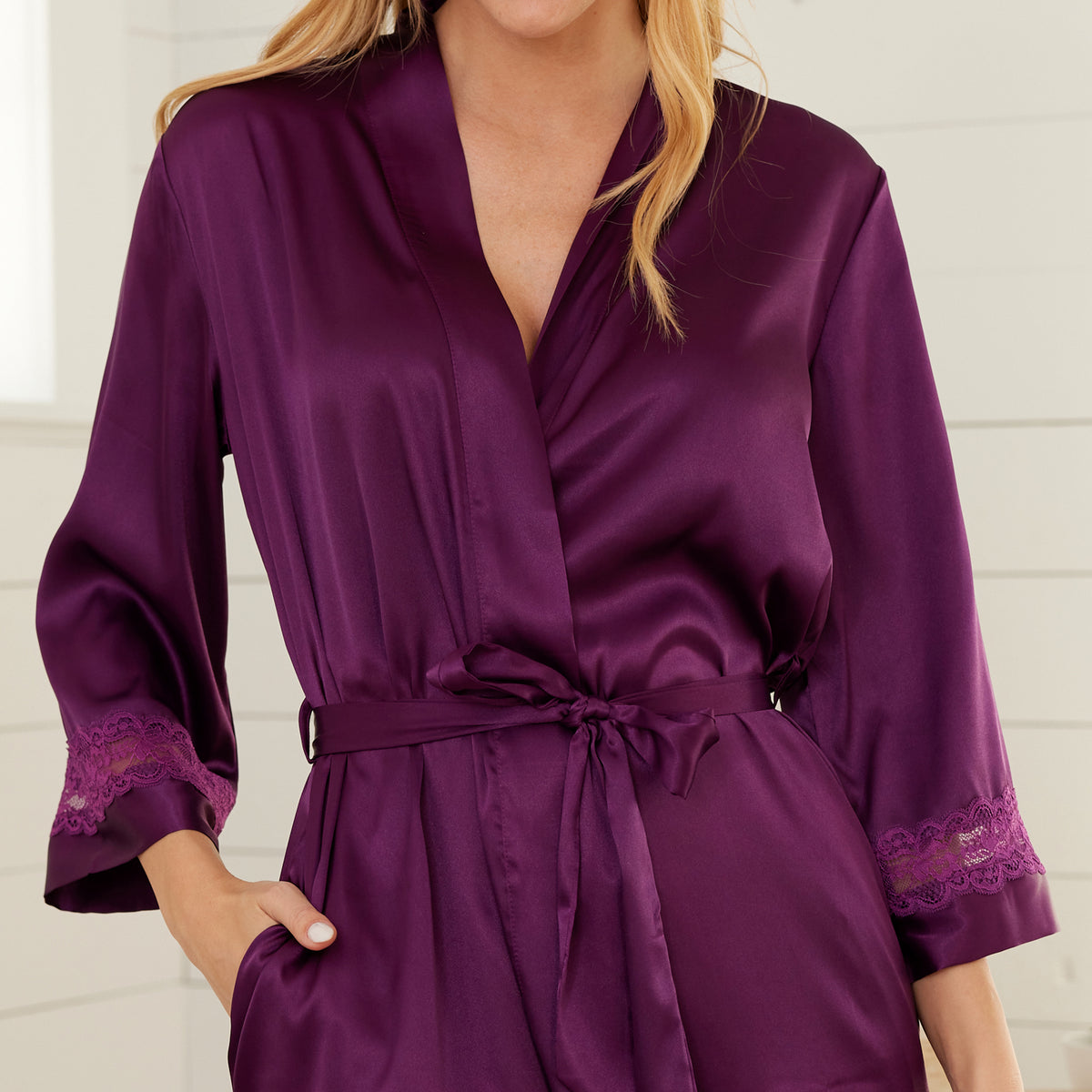 Women's Amethyst Lace Trim Satin Robe, Knee Length