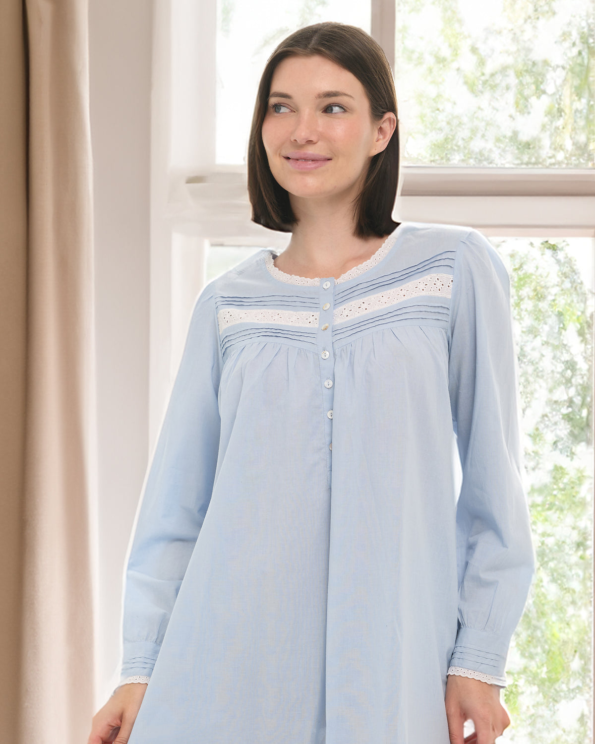 Women's Light Blue Cotton Victorian Nightgown with Pockets, Emily Long Sleeve Lace Trimmed Button Up Long Night Dress