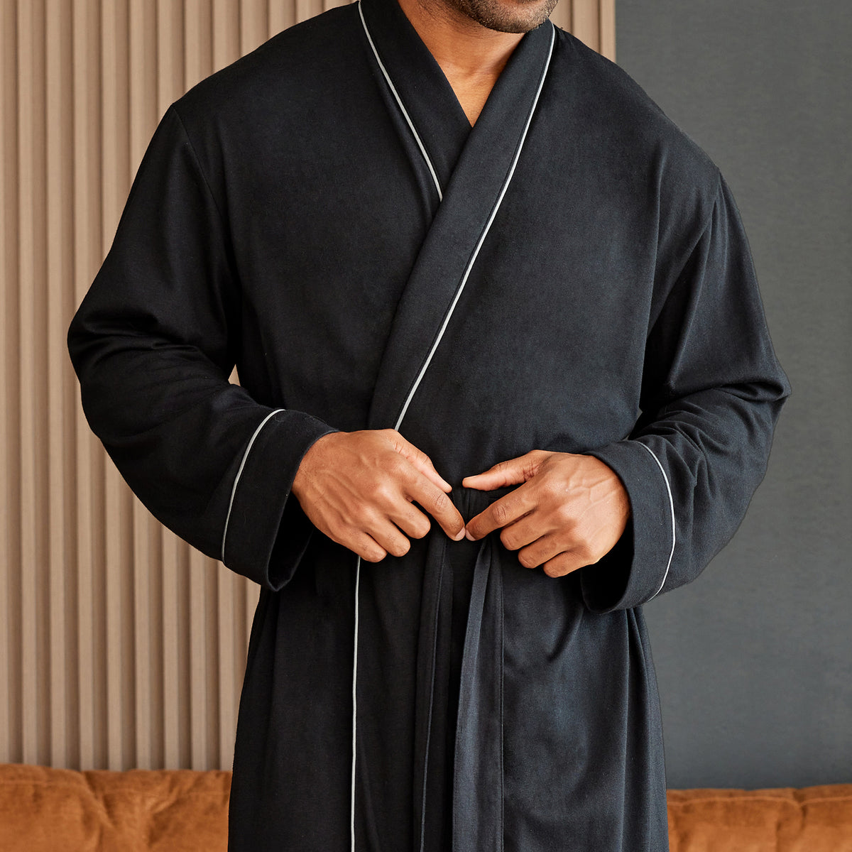 Mens Black - 5 ft 5 in & Taller Long Knit Lounge Robe with Pockets