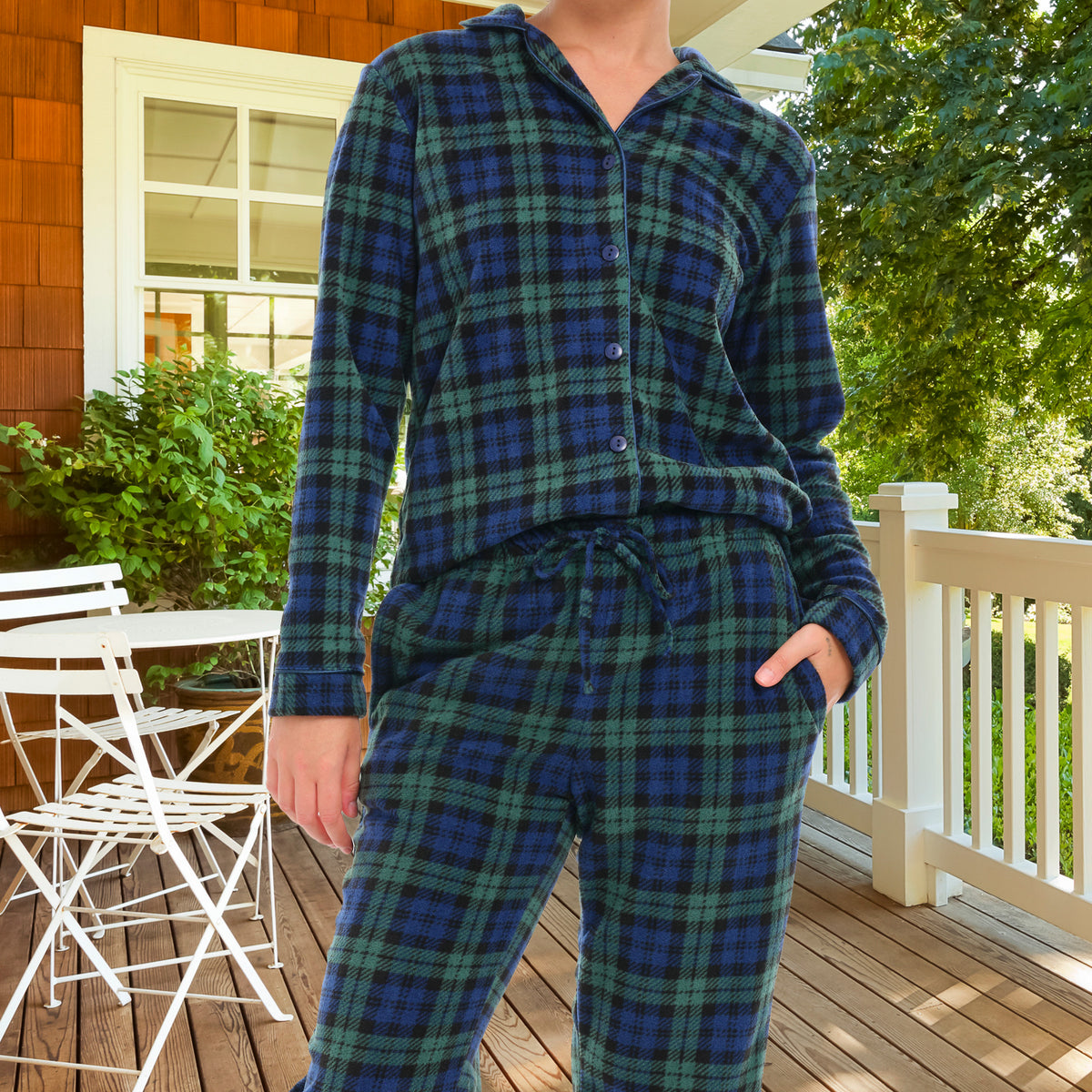 Black Watch Tartan Plaid Lightweight Fleece Pajamas for Women, Long Sleeve Button Up PJ Set with Pockets