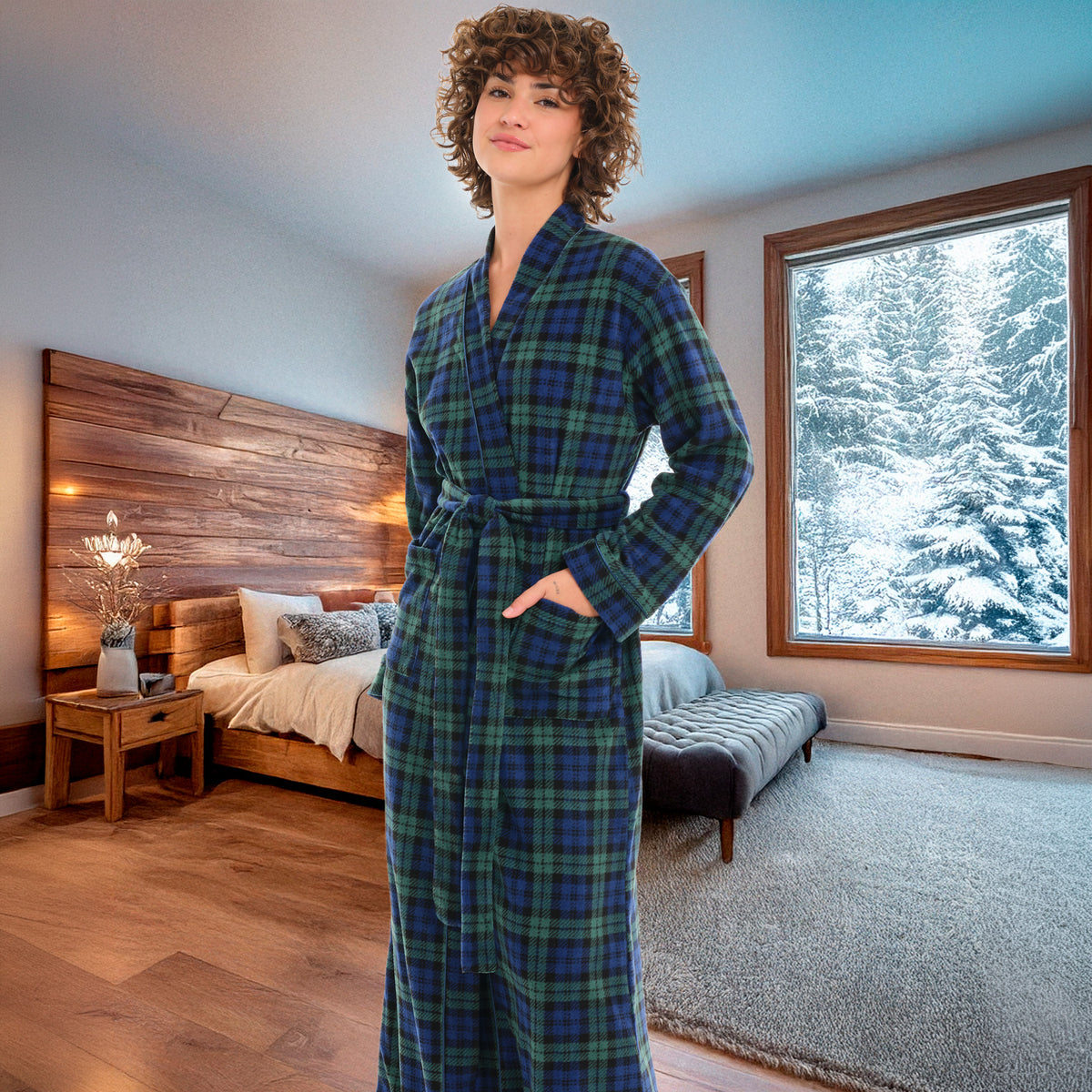 Women's Black Watch Tartan Plaid Lightweight Fleece Robe – Long Sleeve, Calf Length with Pockets