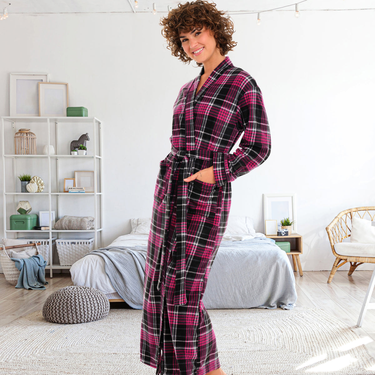 Women's Shadow Rose Plaid Lightweight Fleece Robe – Long Sleeve, Calf Length with Pockets