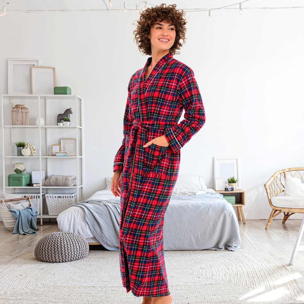 Women's Christmas Plaid Lightweight Fleece Robe – Long Sleeve, Calf Length with Pockets