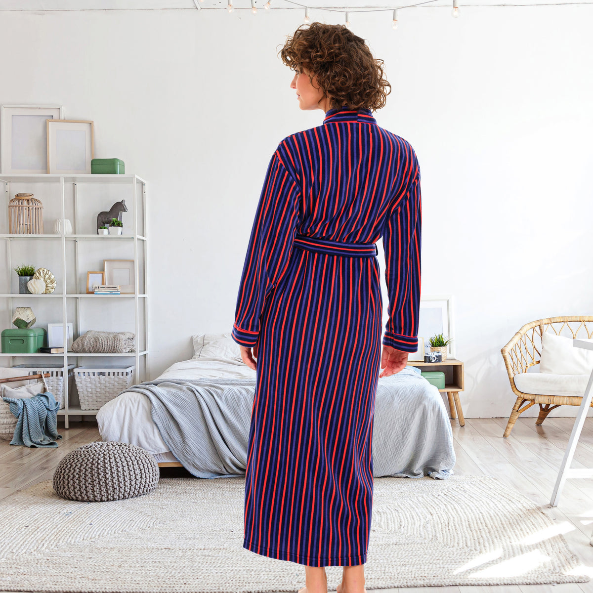 Women's Cranberry Navy Stripe Lightweight Fleece Robe – Long Sleeve, Calf Length with Pockets