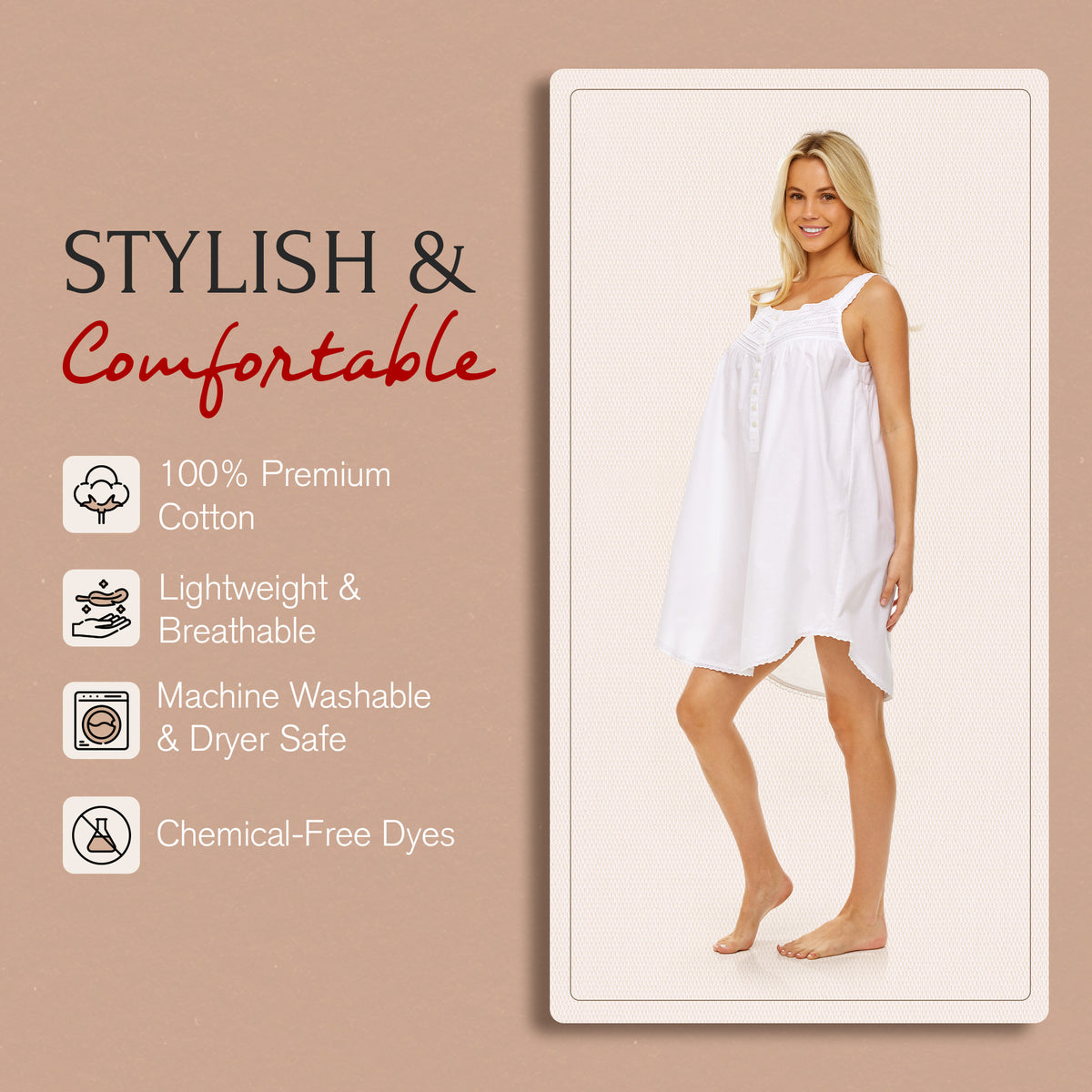 Women's White Cotton Victorian Nightgown, Maria Sleeveless Lace Trimmed Button Up Short Night Dress
