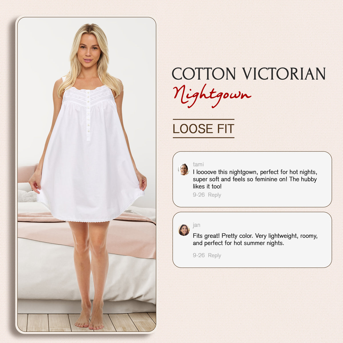 Women's White Cotton Victorian Nightgown, Maria Sleeveless Lace Trimmed Button Up Short Night Dress