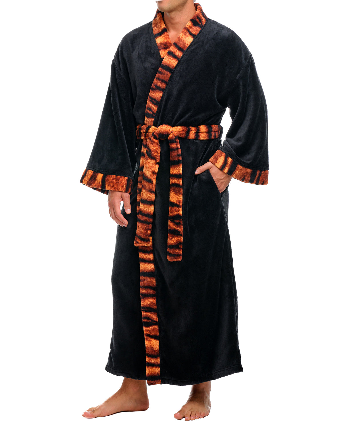 Mens Tiger Print Accent Kimono Robe, Japanese Robe for Men