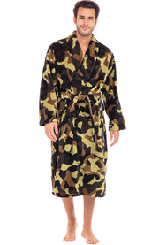 Men's Green Camouflage Classic Winter Robe, Plush Fleece Bathrobe