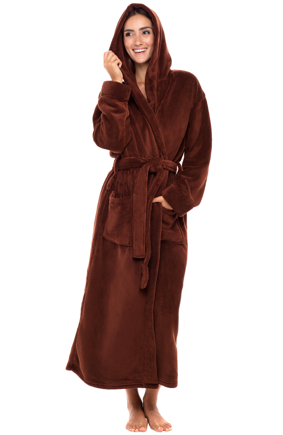 Chocolate Plush Fleece Robe for Women, Long Hooded Bathrobe with Hood, Plus Size
