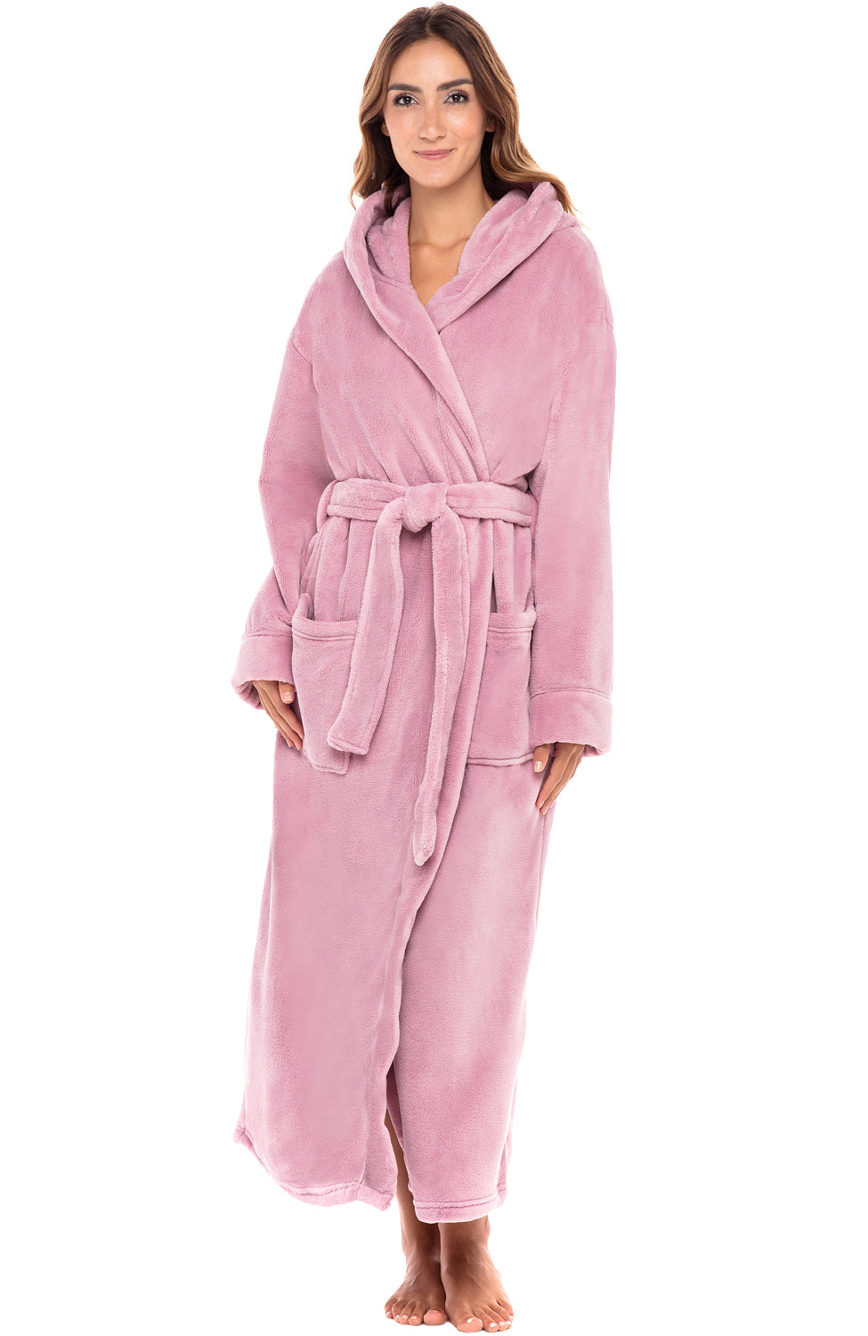Light Lavender Plush Fleece Robe for Women, Long Hooded Bathrobe with Hood, Plus Size