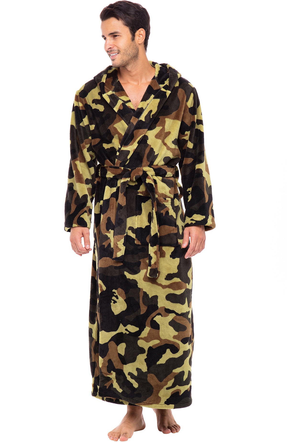 Men's Green Camouflage Plush Fleece Hooded Bathrobe, Full Length Long Warm Lounge Robe with Hood