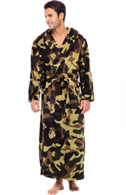 Men's Green Camouflage Plush Fleece Hooded Bathrobe, Full Length Long Warm Lounge Robe with Hood