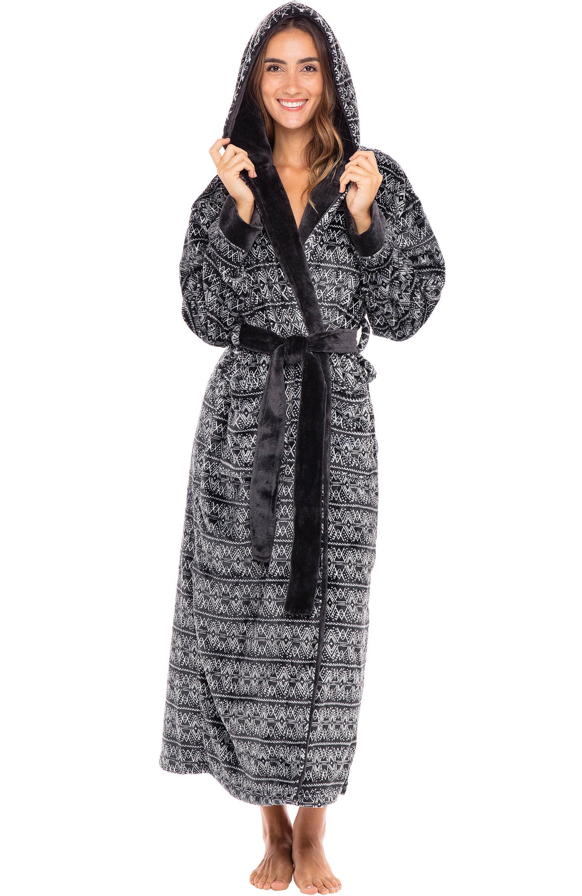 Moroccan Pattern Plush Fleece Robe for Women, Long Hooded Bathrobe with Hood, Plus Size