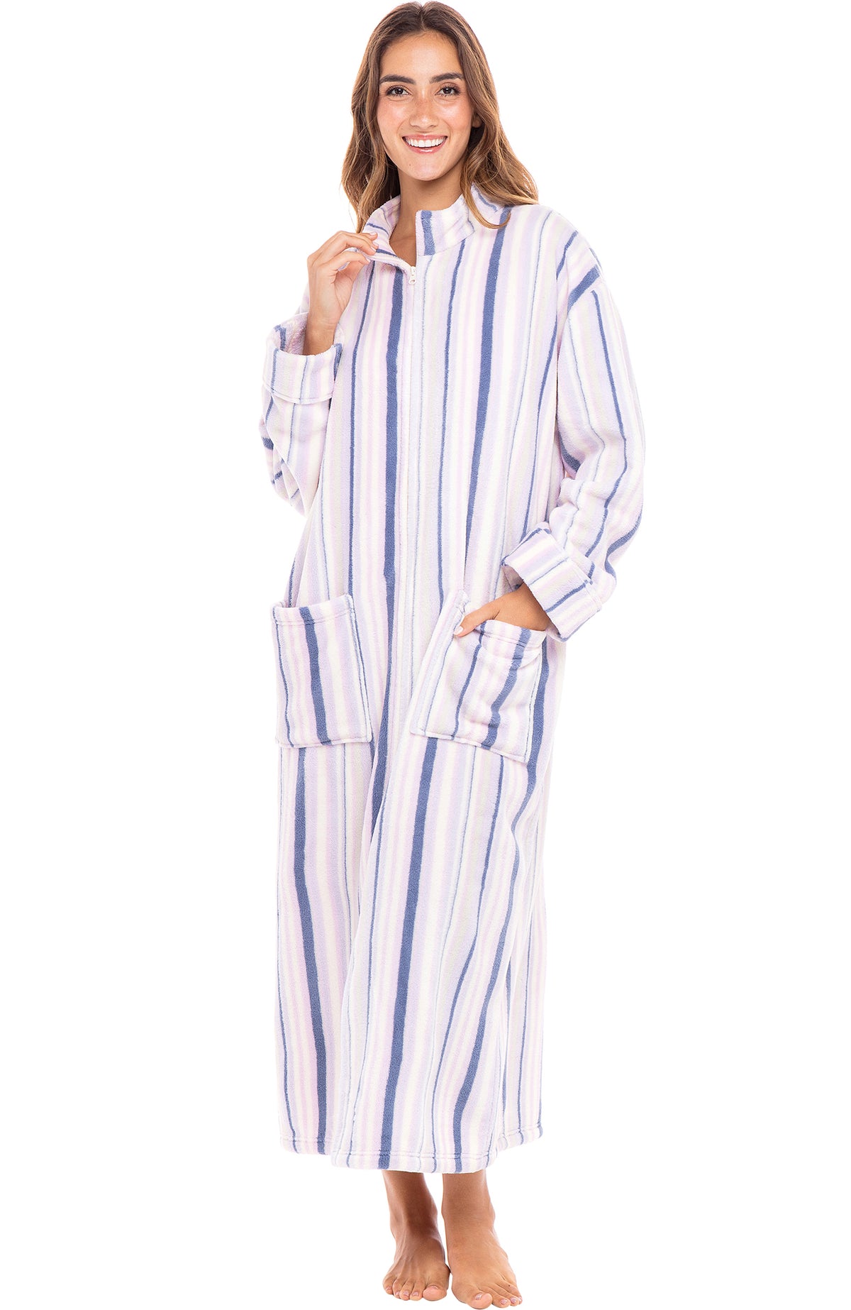 Women's Striped Lavender Zip Up Plush Robe, Oversized Bathrobe with Two Way Zipper
