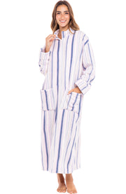Women's Striped Lavender Zip Up Plush Robe, Oversized Bathrobe with Two Way Zipper