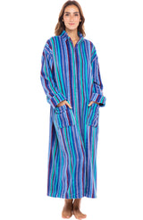 Women's The Blues Striped Zip Up Plush Robe, Oversized Bathrobe with Two Way Zipper