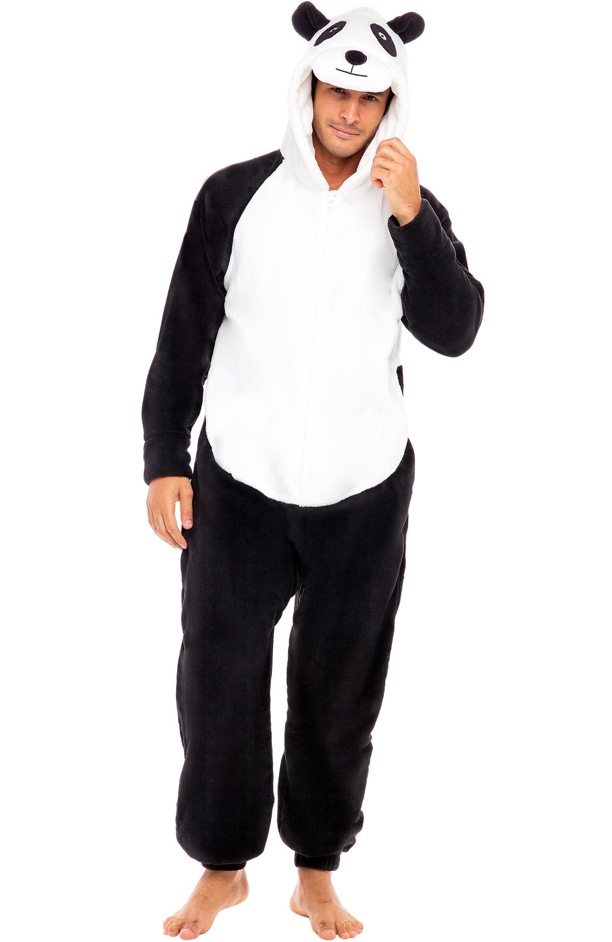 Men's Panda Non-footed Hooded Footed Adult Onesie Pajamas, Plush Winter PJs with Hood