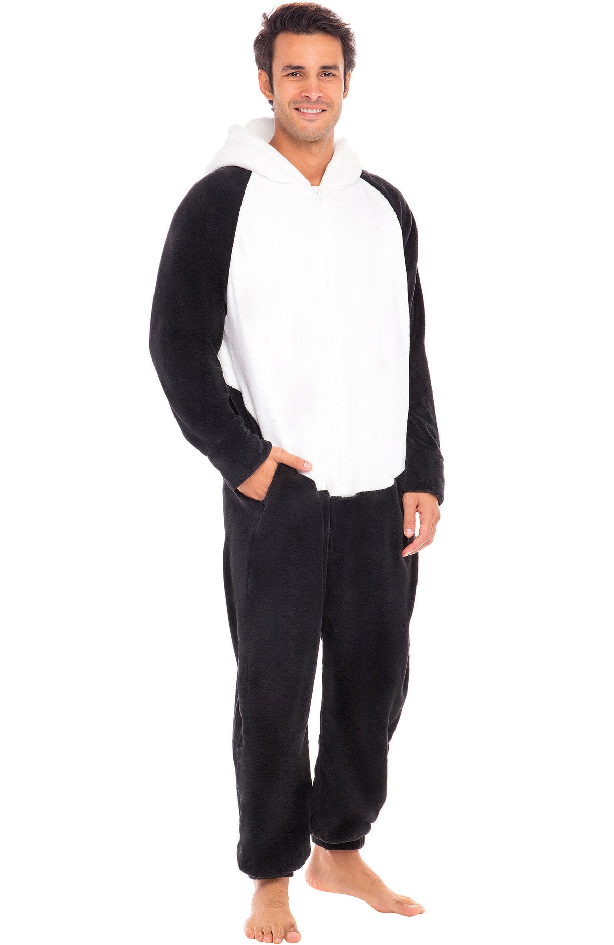 Men's Panda Non-footed Hooded Footed Adult Onesie Pajamas, Plush Winter PJs with Hood