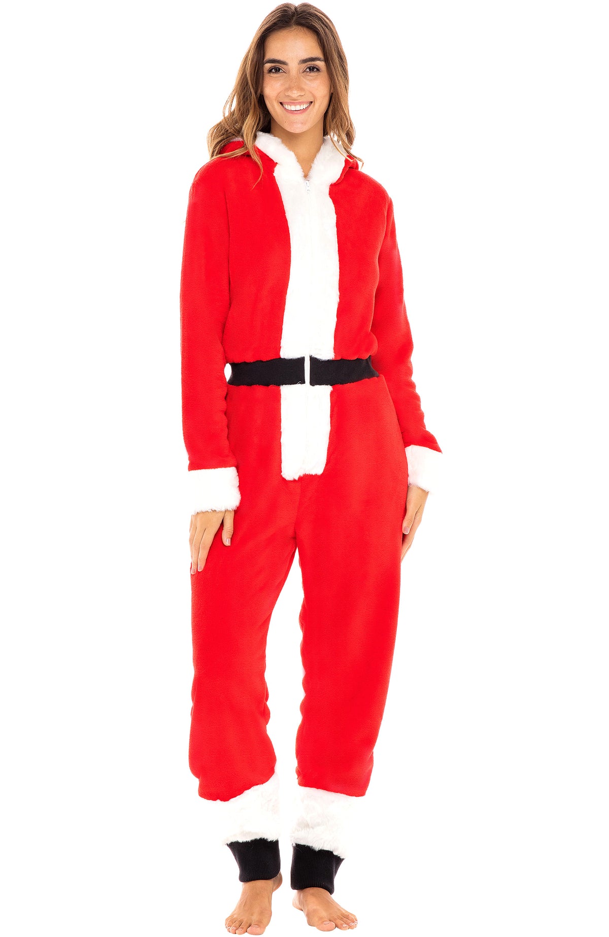 Women's Santa Hooded Footed Pajamas, Plush Adult Onesie, Winter PJs with Hood