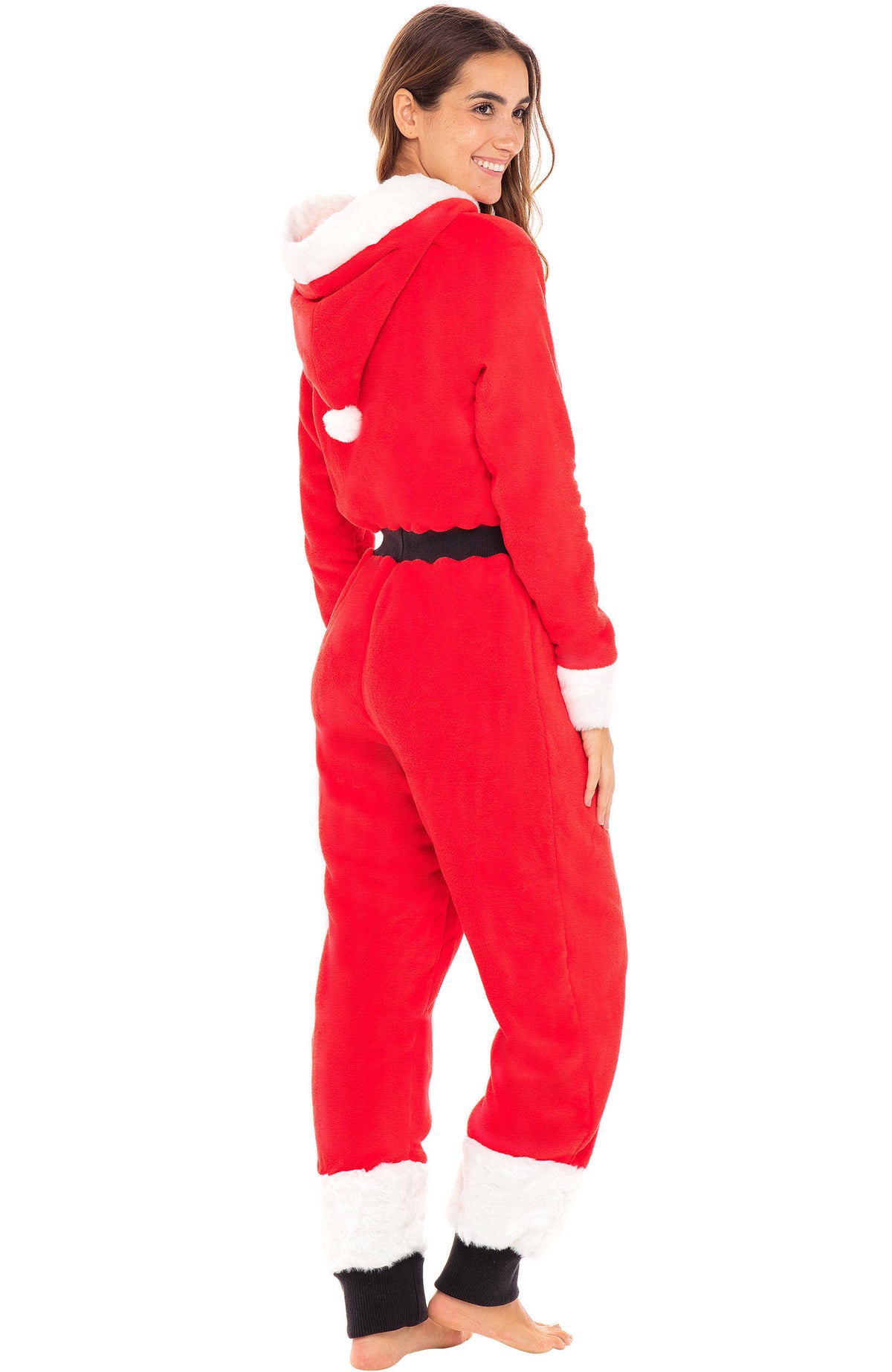 Women's Santa Hooded Footed Pajamas, Plush Adult Onesie, Winter PJs with Hood