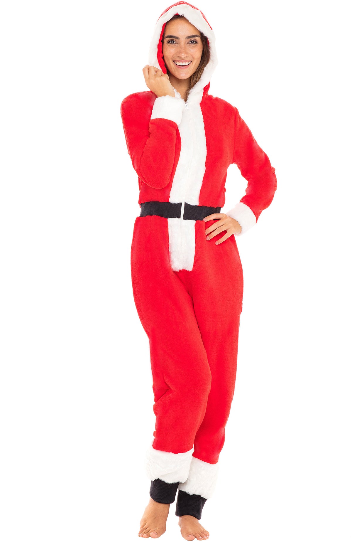 Women's Santa Hooded Footed Pajamas, Plush Adult Onesie, Winter PJs with Hood