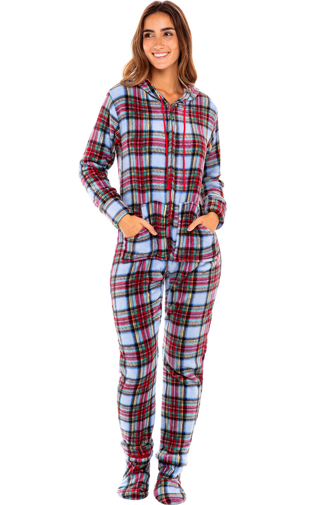 Christmas Plaid Red and Light Blue Footed