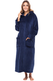 Women's Navy Blue Zip Up Fleece Robe with Hood, Oversized Hooded Bathrobe with Two Way Zipper