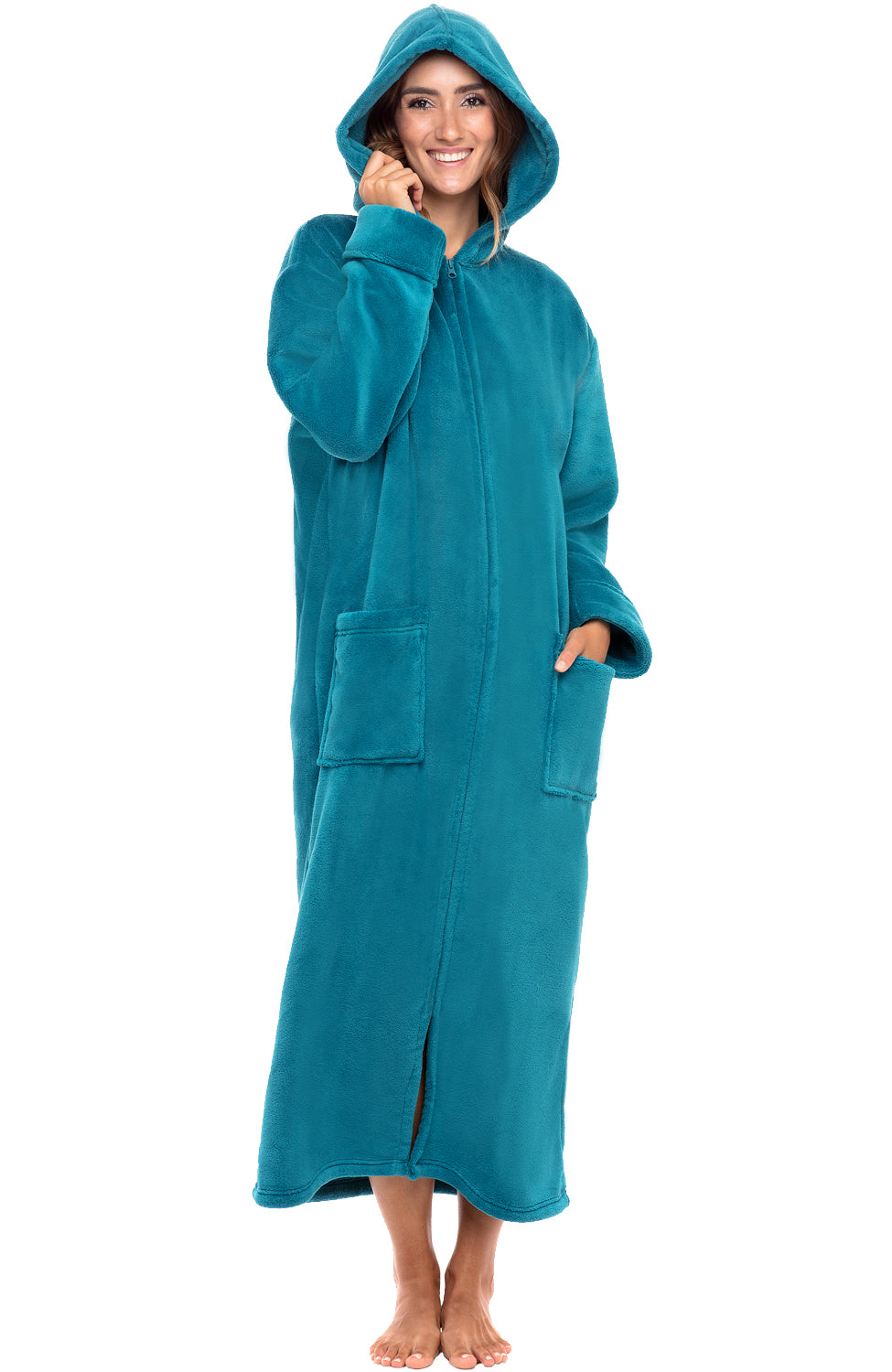 Women's Turquoise Zip Up Fleece Robe with Hood, Oversized Hooded Bathrobe with Two Way Zipper