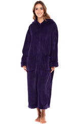 Women's Purple Zip Up Fleece Robe with Hood, Oversized Hooded Bathrobe with Two Way Zipper