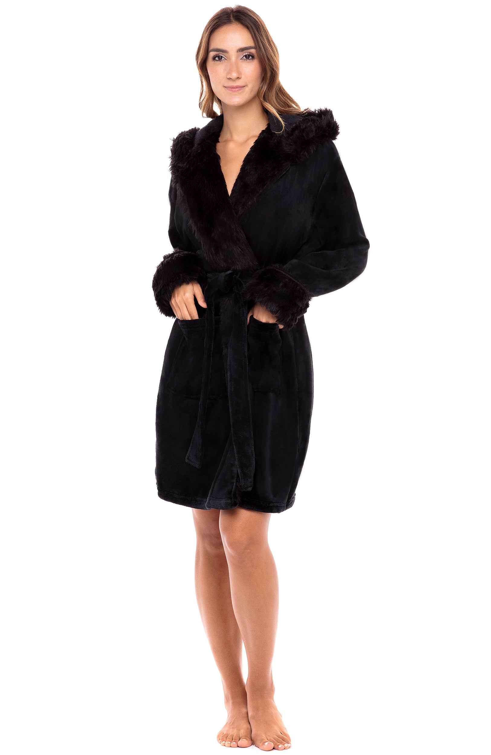 Women's Plush Fleece Robe with Faux Fur Accents, Short Bathrobe, Black / Small-Medium Women's Plush Fleece Robe with Faux Fur Accents, Short Bathrobe, Black / Small-Medium