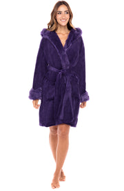 Women's Purple Plush Fleece Robe with Faux Fur Accents, Short Bathrobe