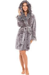 Women's Gray with Gray Wolf Plush Fleece Robe with Faux Fur Accents, Short Bathrobe