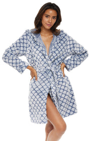 Women's Scallop Texture Navy Blue Warm Soft Plush Fleece Bathrobe with Hood, Knee Length Hooded Robe